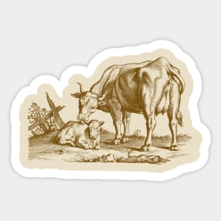 Cow and Calf, Animal Motherhood Scene Vintage Illustration Sticker